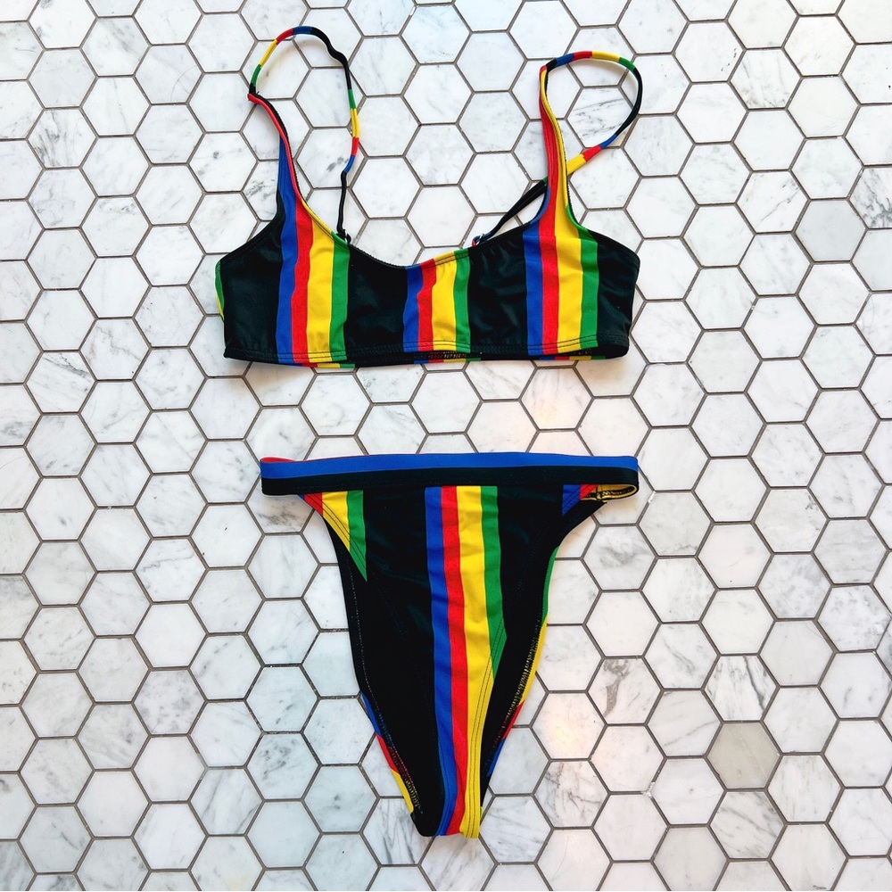 RIS-K Island Stripes Allure Bikini Top S + Horizon Bikini Bottom XS Swimwear - Picture 2 of 10